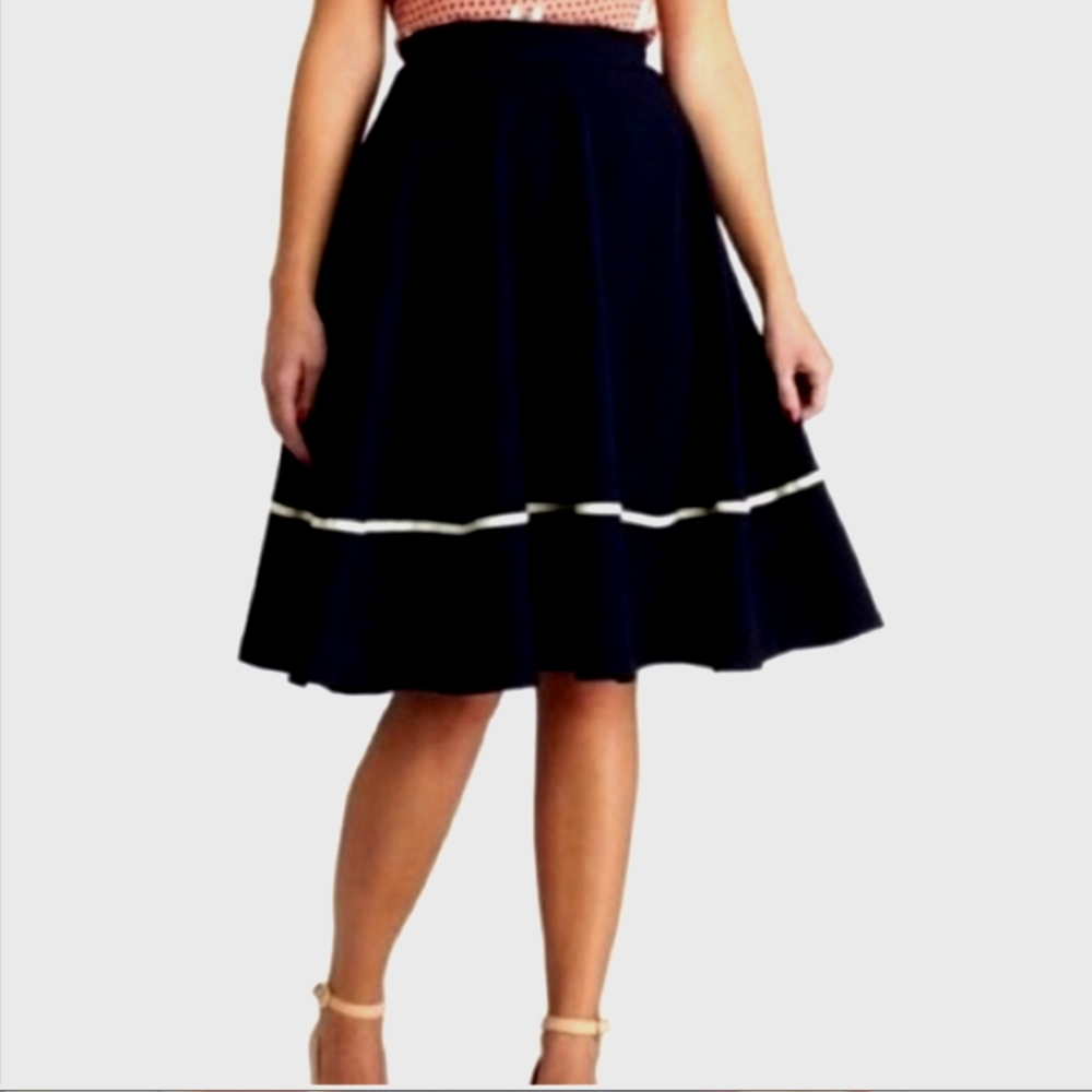 Modcloth Rocksteady Black A-line midi skirt with white stripe